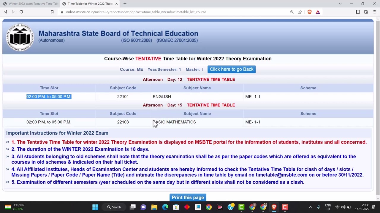 msbte tentative timetable for Winter 2022 exam is Displayed for diploma in ebgineering and pharmacy