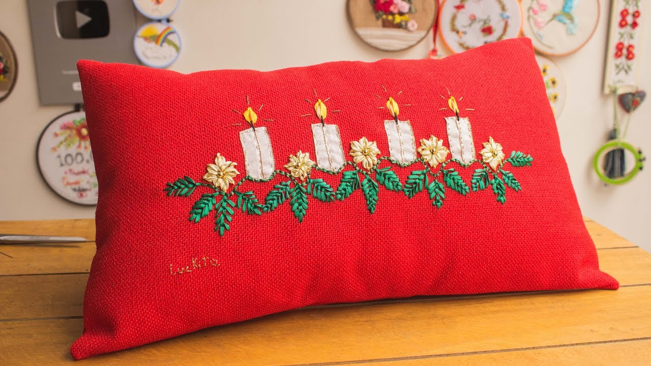 Haz este Cojin Navideño, Hermoso y fácil/Paso a paso bordado a mano con cintas/Navidad con Luzkita