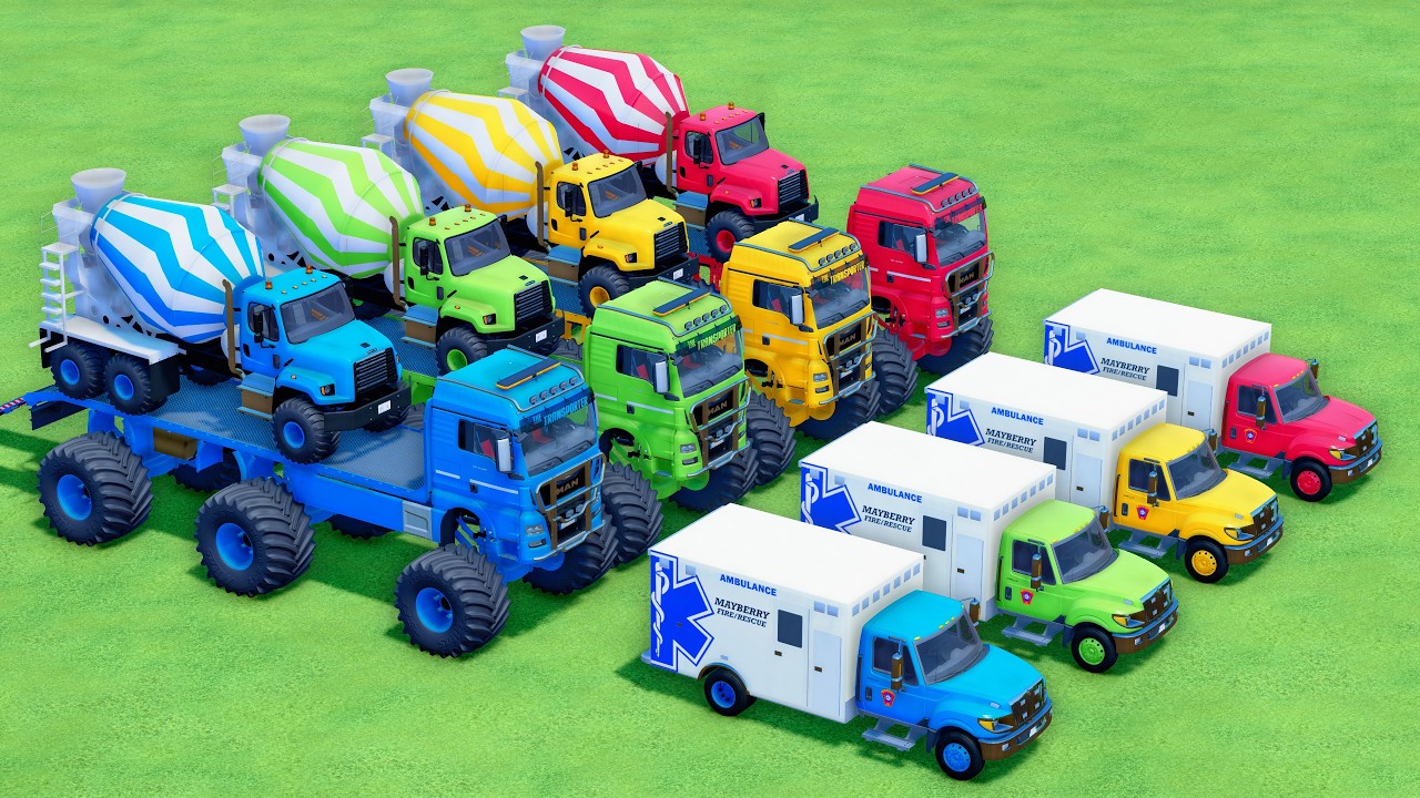 TRANSPORTING POLICE CARS, AMBULANCE, COLORFUL MIXER TRUCK with MAN TRUCKS - FARMING SIMULATOR 22