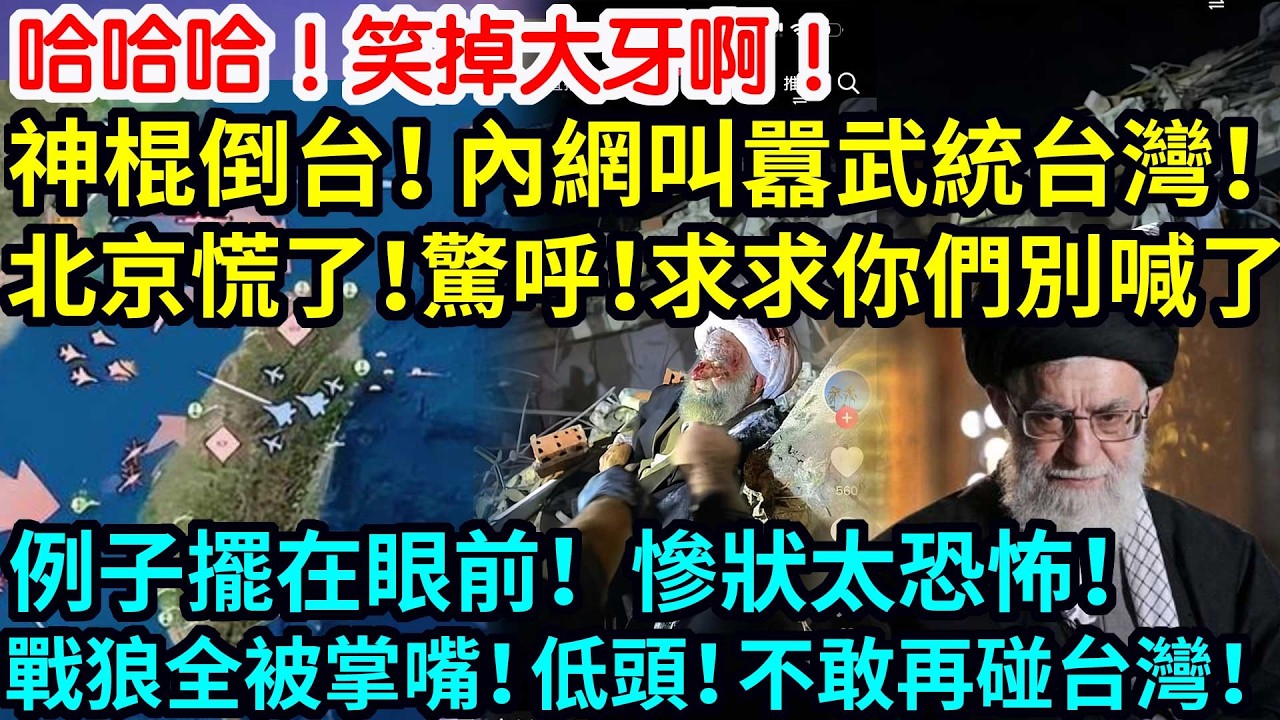 哈哈哈！笑掉大牙啊！神棍倒台！內網叫囂武統台灣！北京慌了！驚呼！求求你們不要再喊！例子擺在眼前！慘狀太恐怖！戰狼全被掌嘴！低頭！不敢再碰台灣！