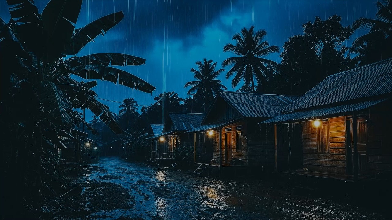 Midnight Rain in the Village: Cozy Hut Ambience with Heavy Rain & Thunder Sounds