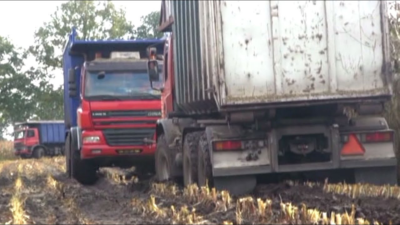 Maïs 2014 | Ginaf 8x8 sleept een 6x6 door een natte hoek | 4x Ginaf | John Deere 7300 | Corn harvest