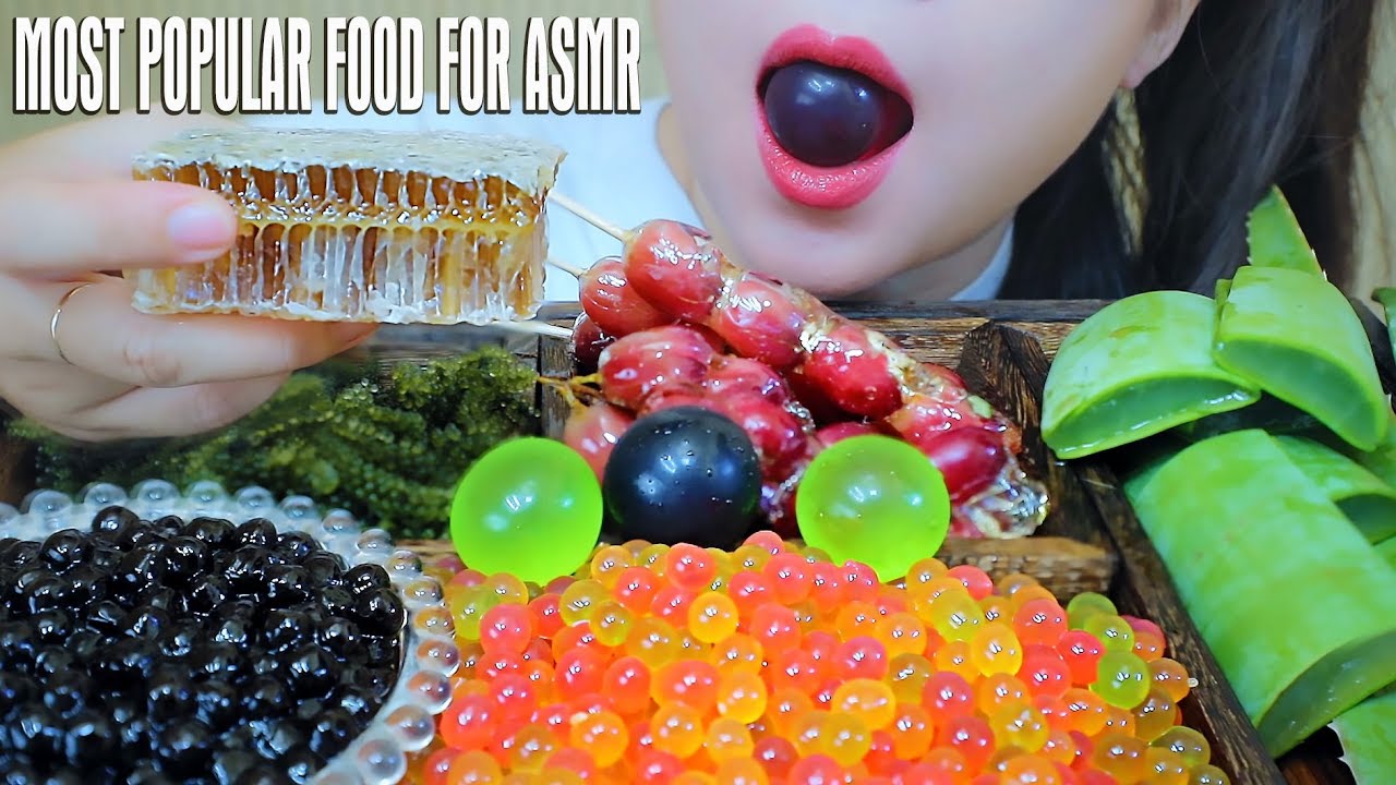 ASMR MOST POPULAR FOOD FOR ASMR(SEAGRAPES JELLY BOBA HONEYCOMB ALOE VERA TAPIOCA PEARL )|LINH-ASMR