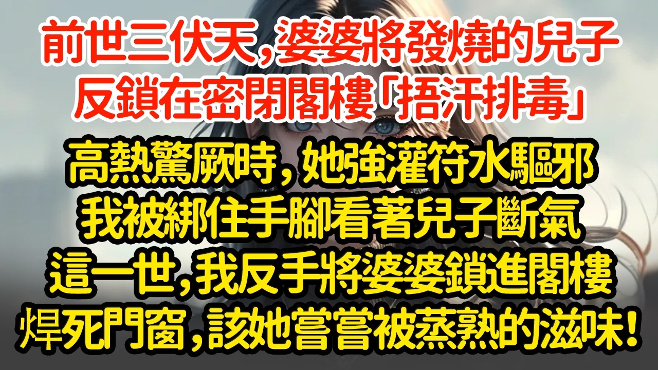 前世三伏天，婆婆將發燒的兒子，反鎖在密閉閣樓「捂汗排毒」高熱驚厥時，她強灌符水驅邪我被綁住手腳看著兒子斷氣這一世，我反手將婆婆鎖進閣樓焊死門窗，該她嘗嘗被蒸熟的滋味！