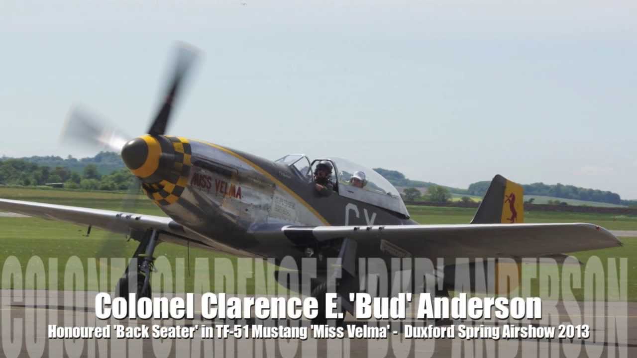 Col. Clarence 'Bud' Anderson rides in Mustang, 'Miss Velma' at Duxford Spring Airshow 2013