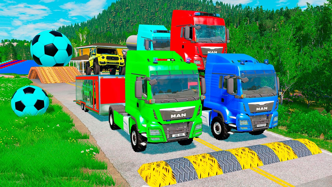 Flatbed Trailer McQueen Transportation with Truck - Speedbumps vs Cars vs Train - BeamNG.Drive #19