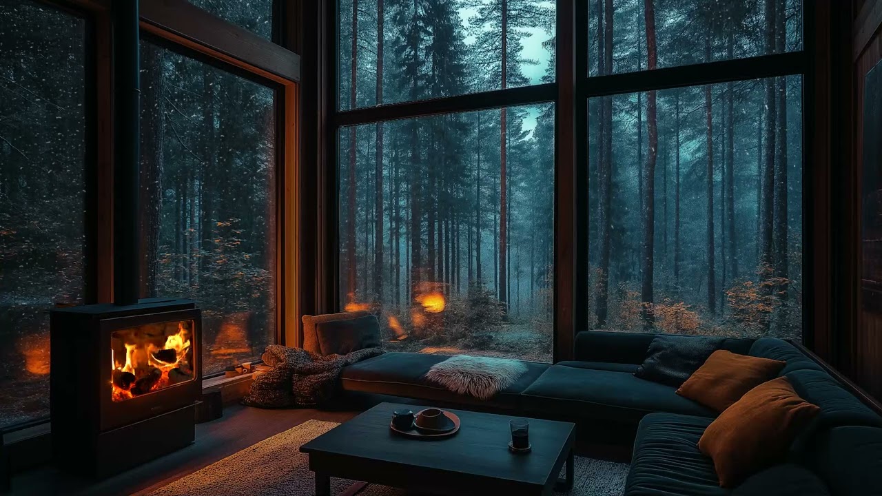 Fireplace Crackling & Soft Rain | Peaceful Cozy Room Ambience for Sleep & Calm