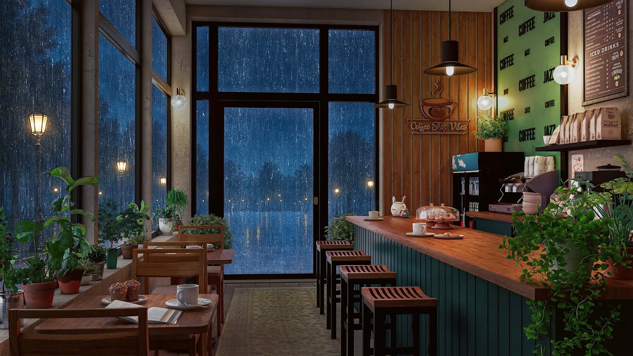 Rainy Coffee Shop Ambience - Smooth Jazz Relaxing Music & Rain Sounds to Study, Work
