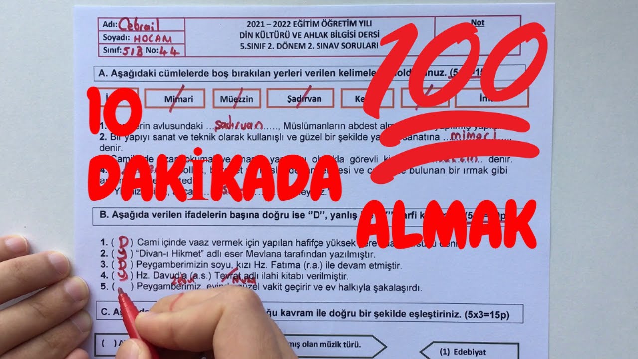 5. Sınıf Din Kültürü 2. Dönem 2. Yazılı Soruları