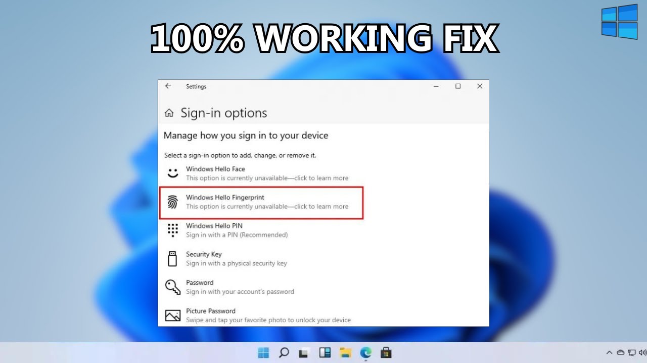 Отпечаток пальца Windows Hello &mdash; эта опция в настоящее время недоступна.