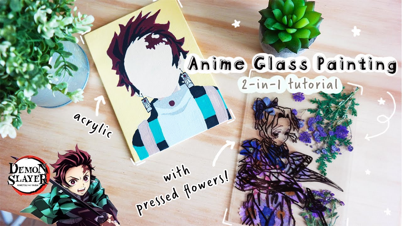 Anime Glass Painting w/Pressed Flowers 🌸 & Acrylic Painting Tutorial | Demon Slayer Art