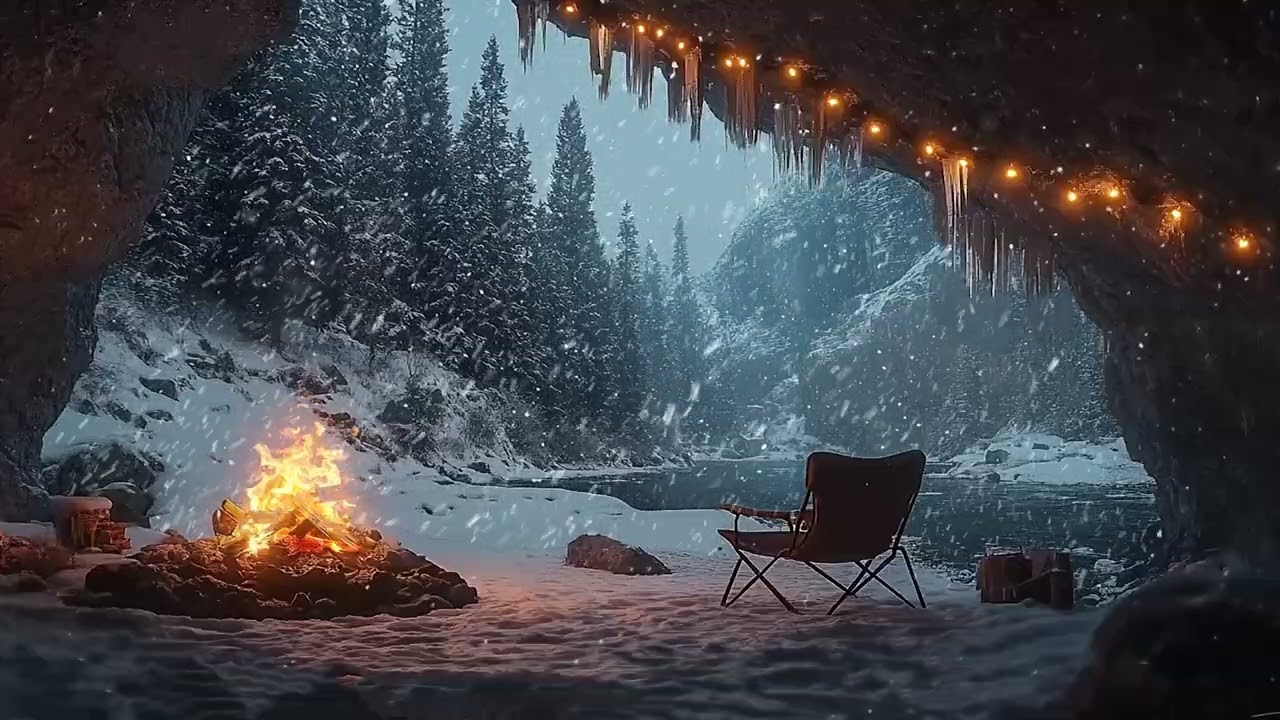 A Firelit Cave Beneath a Roaring Winter Sky | Wind and Snow Soundscape