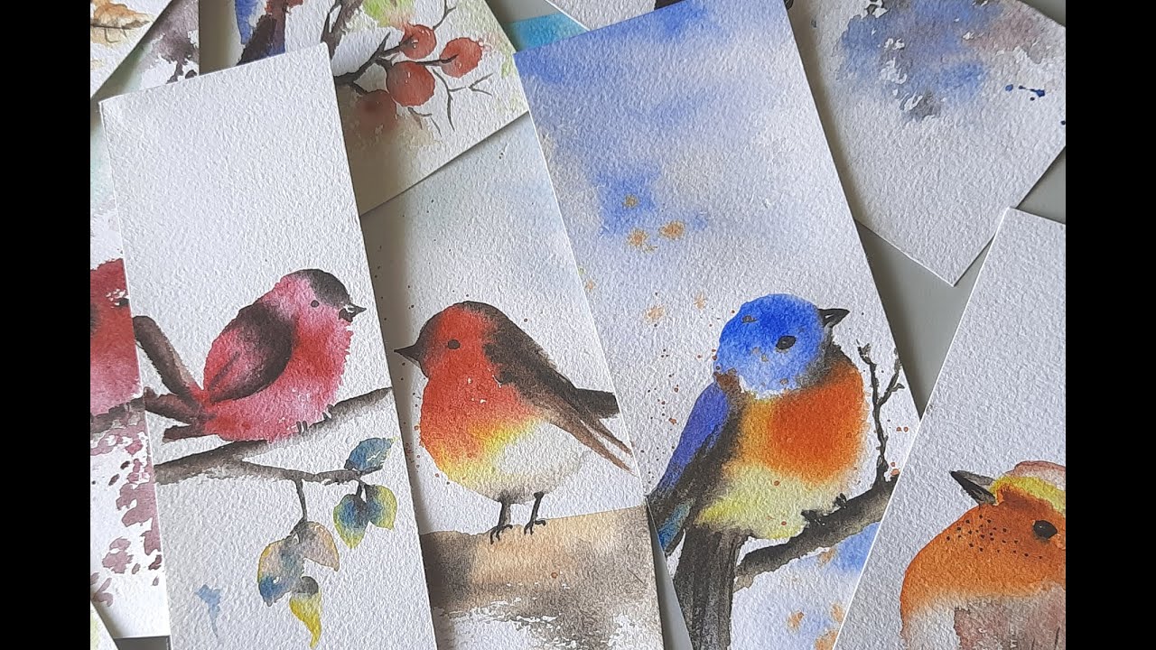 Simple Watercolor bird TUTORIAL /Watercolor BOOKMARKS/How to paint Birds in Watercolor for beginners