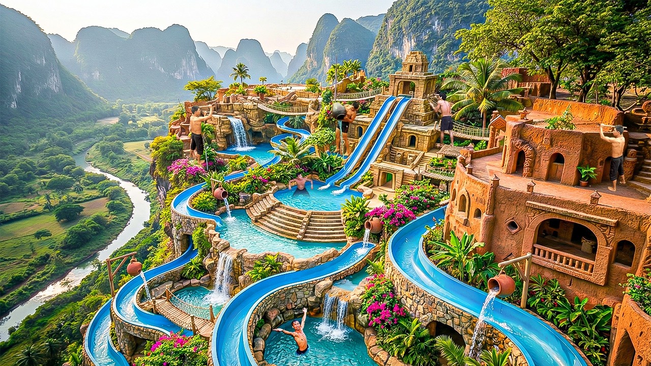 180 Days Building Underground House with a 50m-Long Slide and Pool Complex on a Steep Mountain Cliff