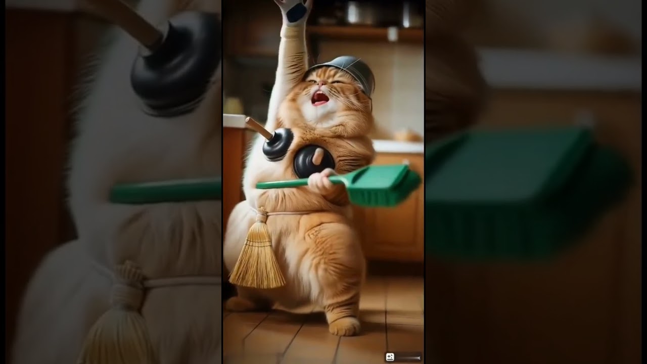 My cat doesn't just clean the house... she also sings reggae and plays the broom like a guitar 😹🎸