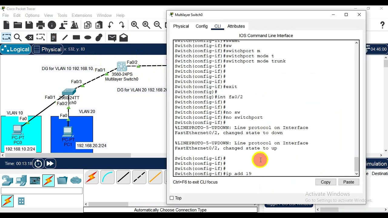 Network with two MultiLayer Switches with different VLANs (InterVlan Routing with routing Protocol)