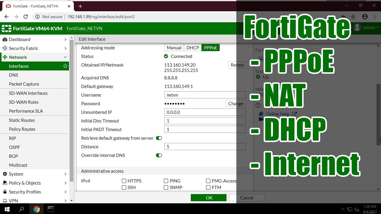 FortiGate - базовая конфигурация (PPPoE, DHCP, NAT, LAN IP, Интернет)