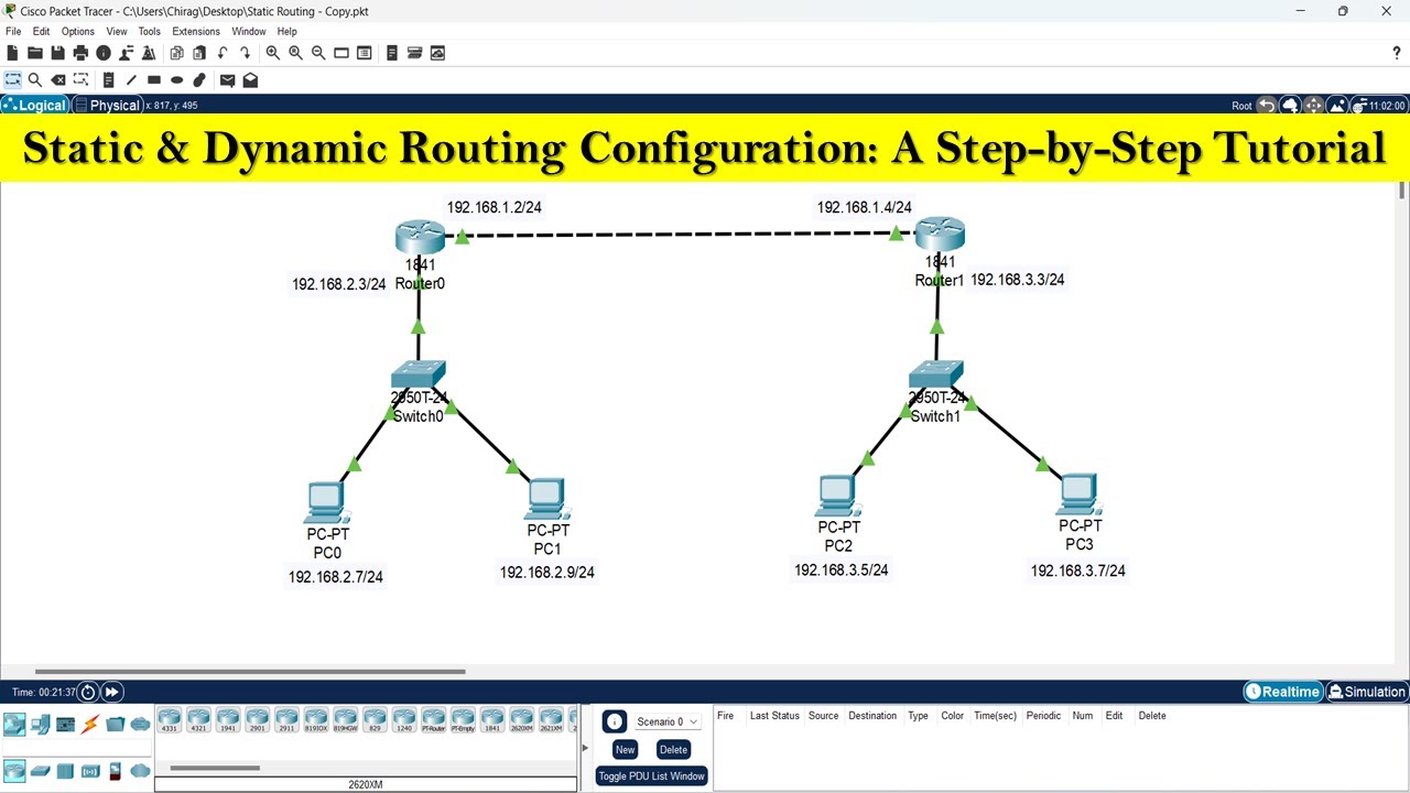 How to configure static and dynamic routing in cisco packet tracer?