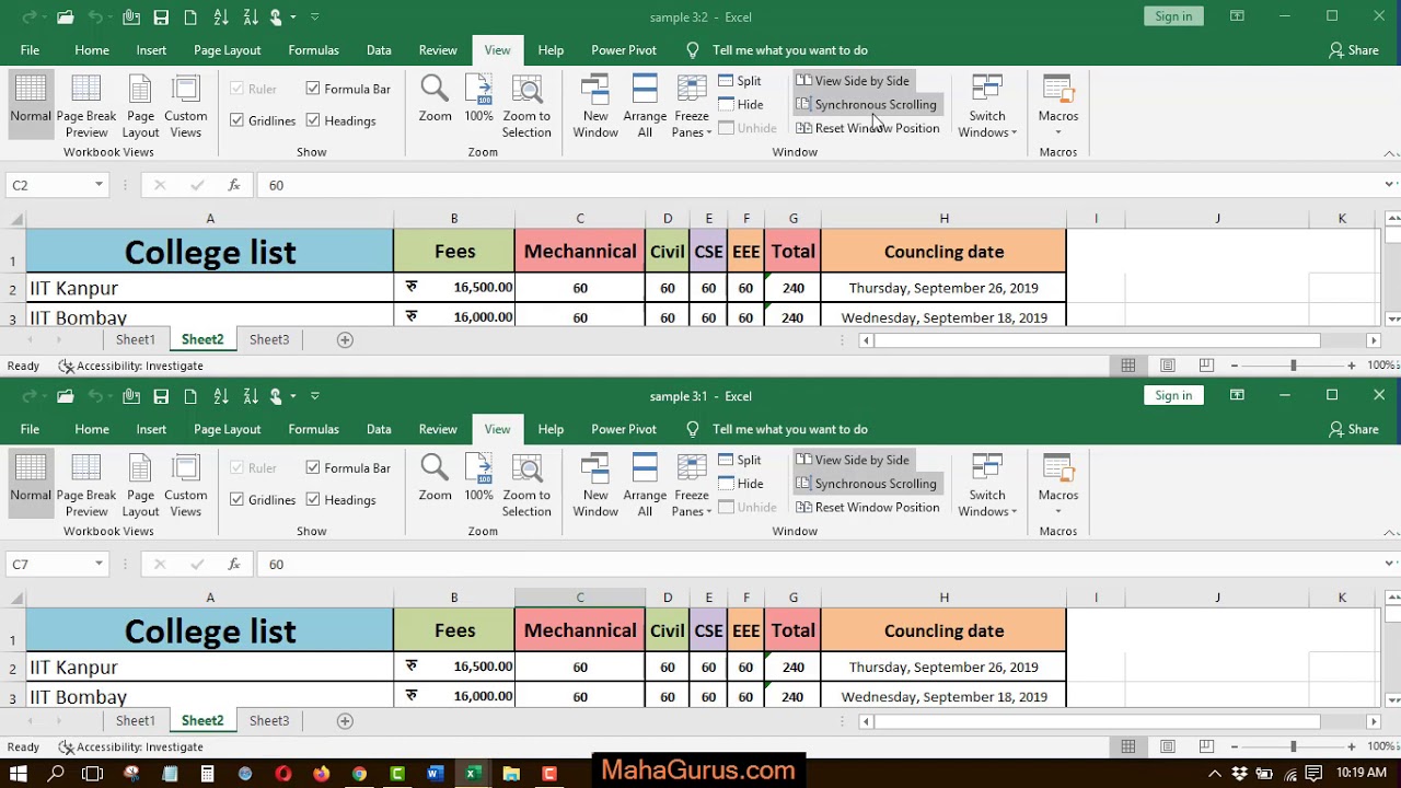 How to use Synchronous Scrolling in Excel in Hindi- Synchronous Scrolling Excel Hindi Tutorial