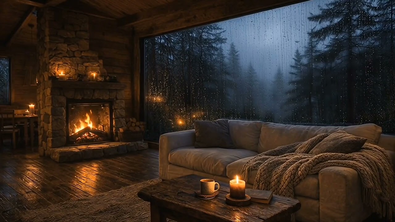Cozy Fireplace & Rain Sounds in Forest Cabin 🔥🌧️ 1 Hour Relaxing Night Ambience (4K)