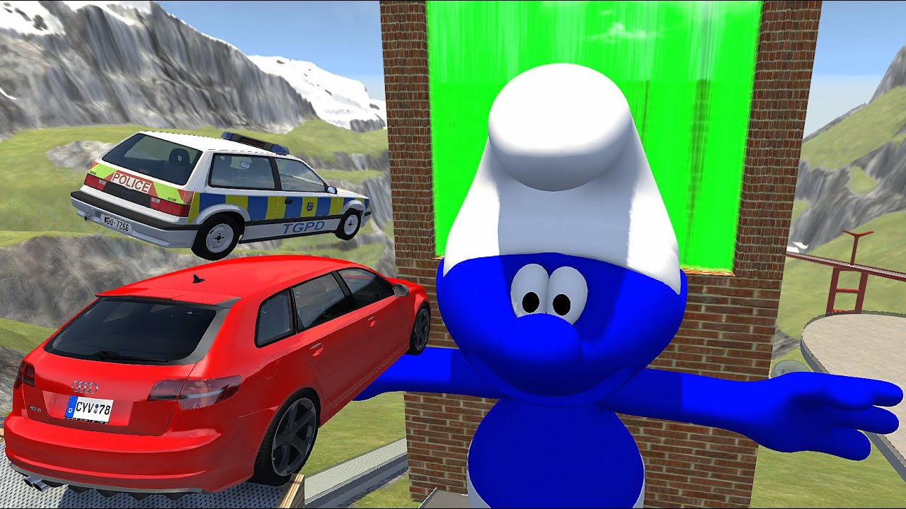 Crazy Vehicle High Speed Jumps Over Giant Smurf Into Green Slime Water Wall - BeamNG.drive  Jumps