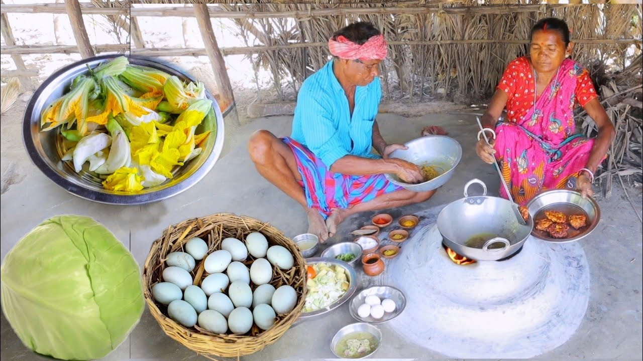 EGG CABAGE CURRY and MIXED FLOWERS PAKORA cooking & eating by santali tribe couple