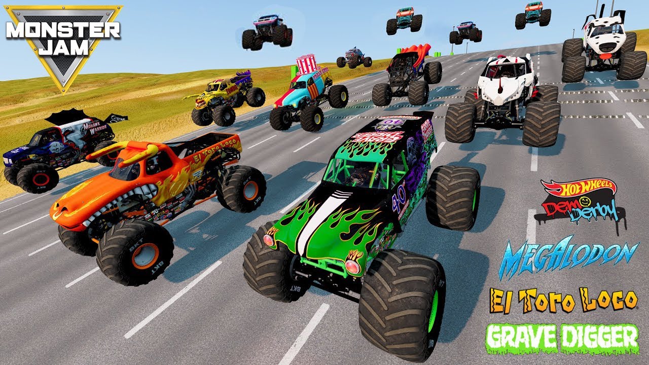 El Toro Loco Vs Grave Digger Monster Jam Racing Mud Battle Jumps and Crashes BeamNG