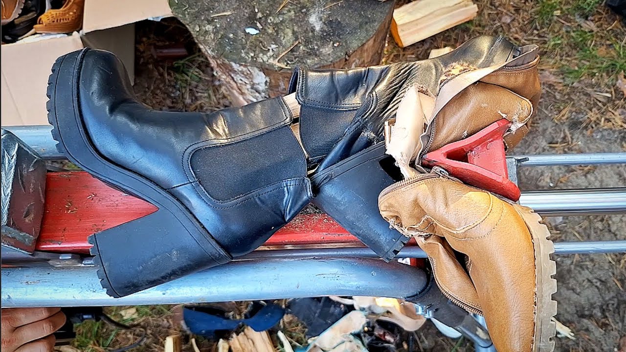 Hydraulic wood splitter used to split Shoes: Sneakers, High Heels and Boots. --WomenShoeTrash--