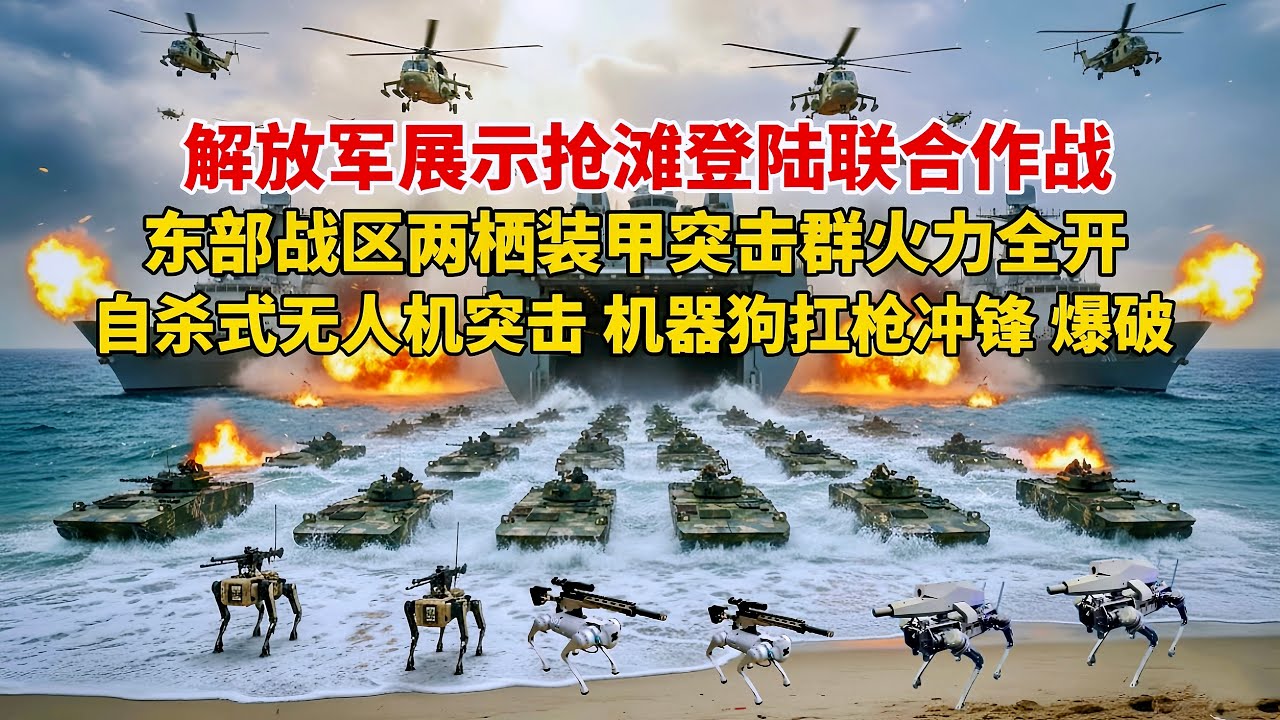 直击解放军最新抢滩登陆作战！战舰列阵 登陆舰内两栖战车密密麻麻！特种兵机降敌后，迂回包抄阻敌退路！无人机爆破，机器狗背枪冲锋，东部战区两栖装甲突击群猛攻岸滩/中国两栖机械化部队黄草岭英雄连