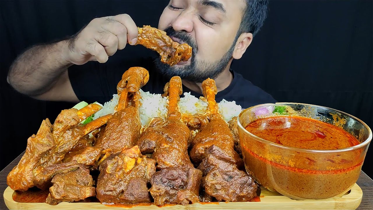HUGE SPICY MUTTON CURRY, MUTTON LEG PIECE, GRAVY, RICE, SALAD MUKBANG ASMR EATING SHOW | BIG BITES |