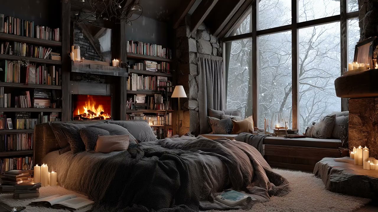 Cozy Fireplace & Snowfall Outside ❄️ Calm Piano Night