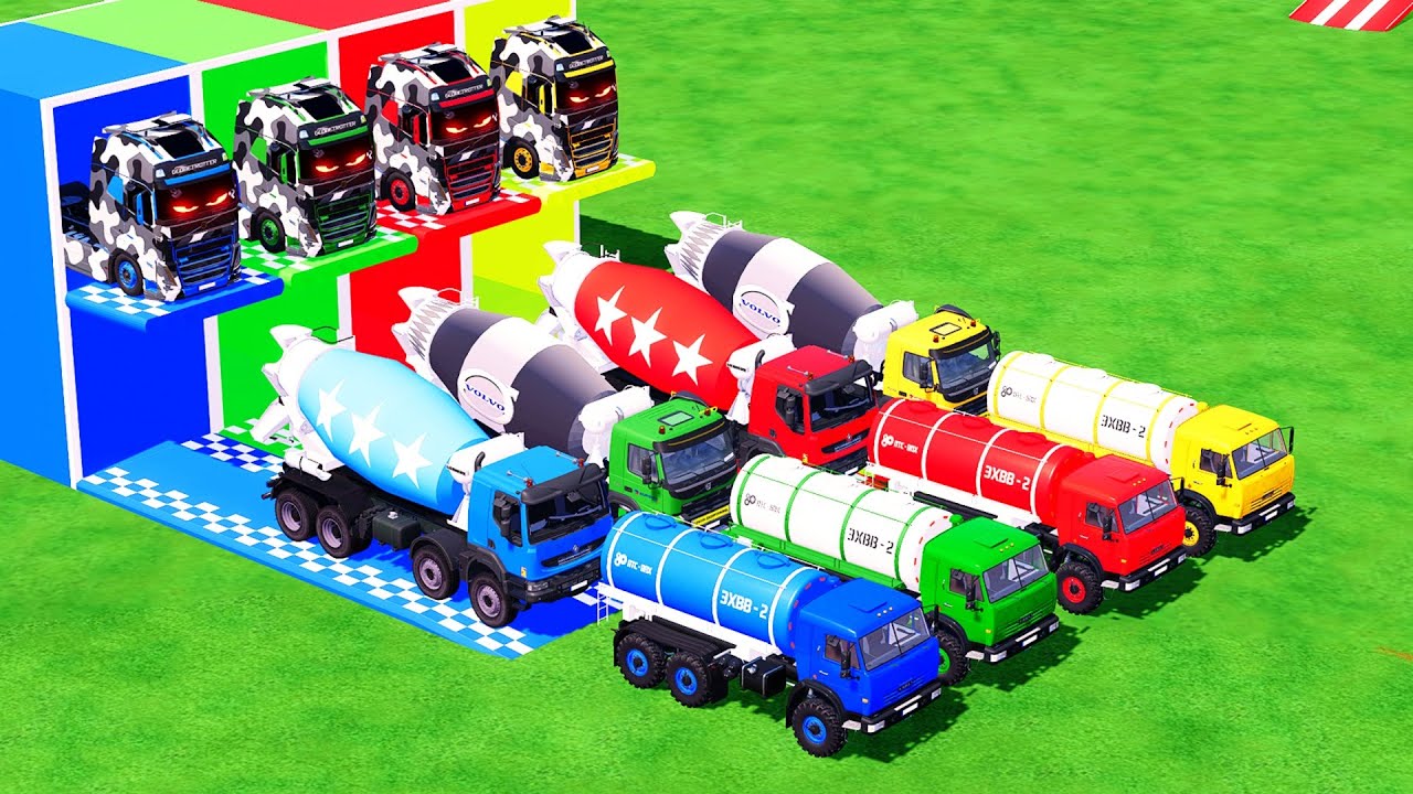Transporting by Colors - ALL MIXER TRUCK WITH DOUBLE FLATBED TRAILER MERCEDES TATRA KAMAZ VOLVO