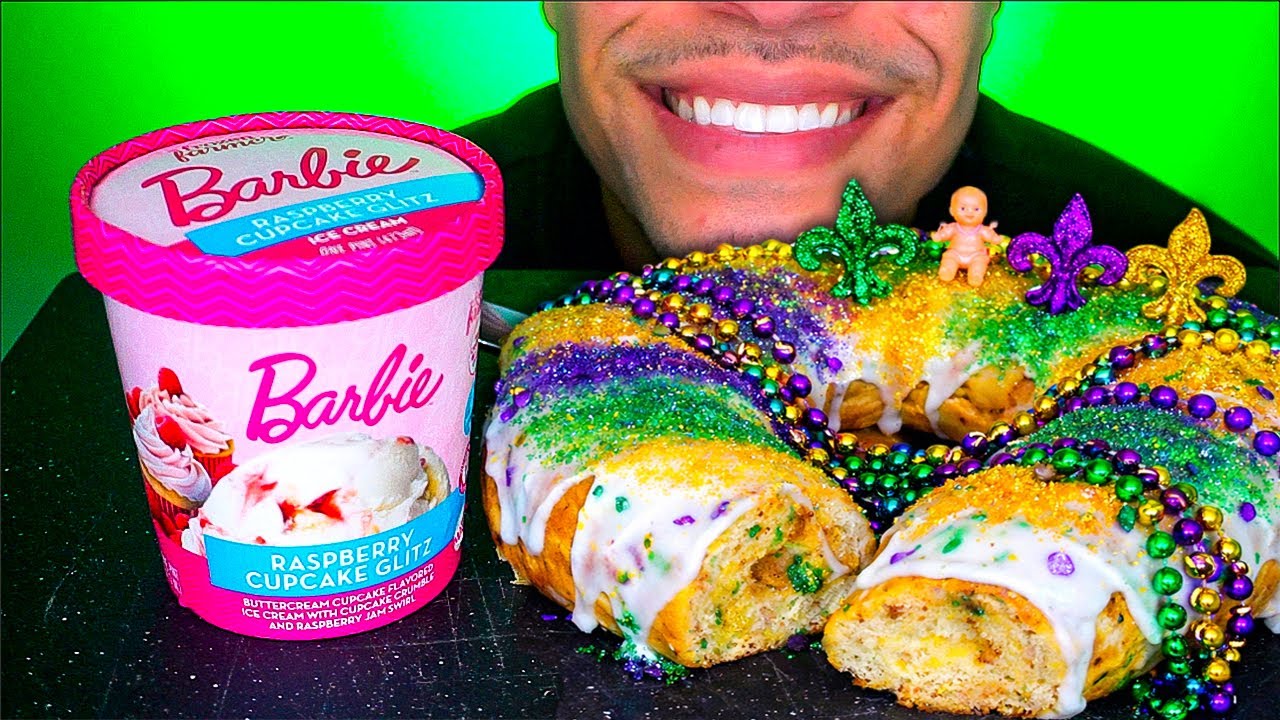 ASMR BARBIE RASPBERRY CUPCAKE GLITZ ICE CREAM & MARDI GRAS KING CAKE EATING SOUNDS MUKBANG