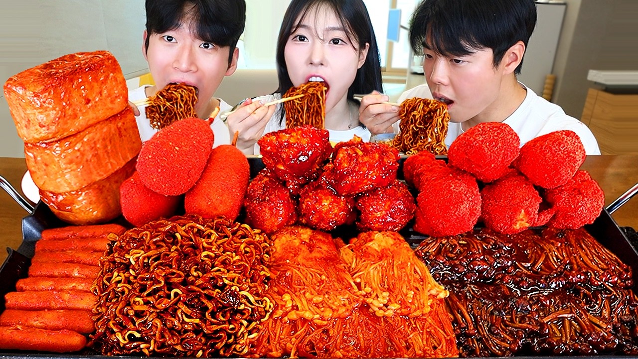 ASMR MUKBANG| Курица Cheetos, острые грибы, лапша с черной фасолью, сырный хот-дог, спам.