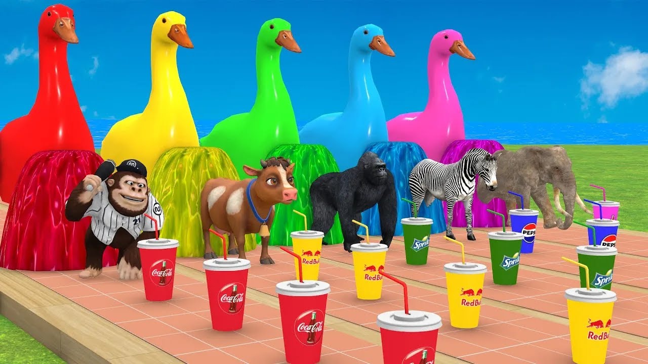 Long Slide Game With Cow Elephant Gorilla Hippopotamus Tiger - 3d Animal Game - Funny 3d Animals