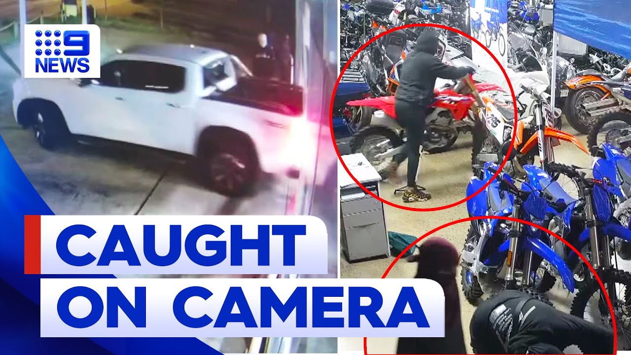 CCTV footage shows thieves stealing motorbikes in Sydney ram-raid | 9 News Australia