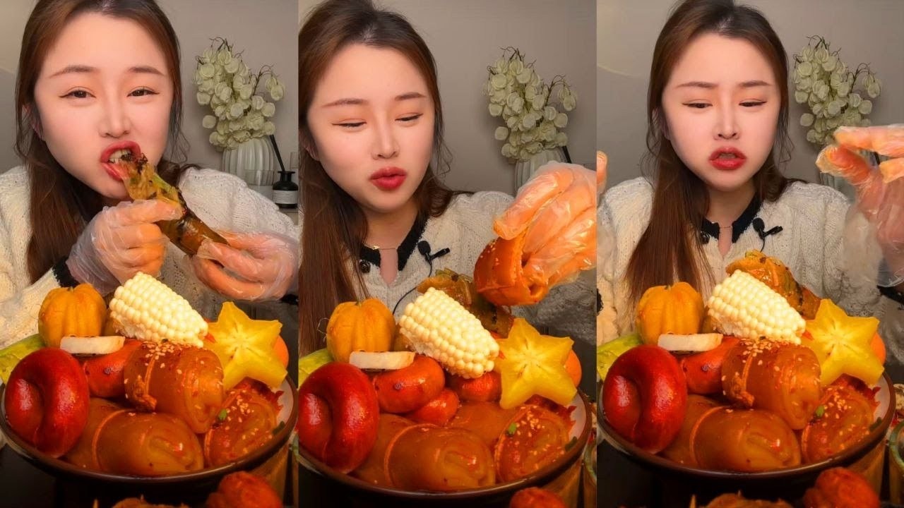 ASMR SPICY CHINESE FOOD MUKBANG Eating Spicy Pork Skin, Corn & Starfruit Eating Show & Sounds