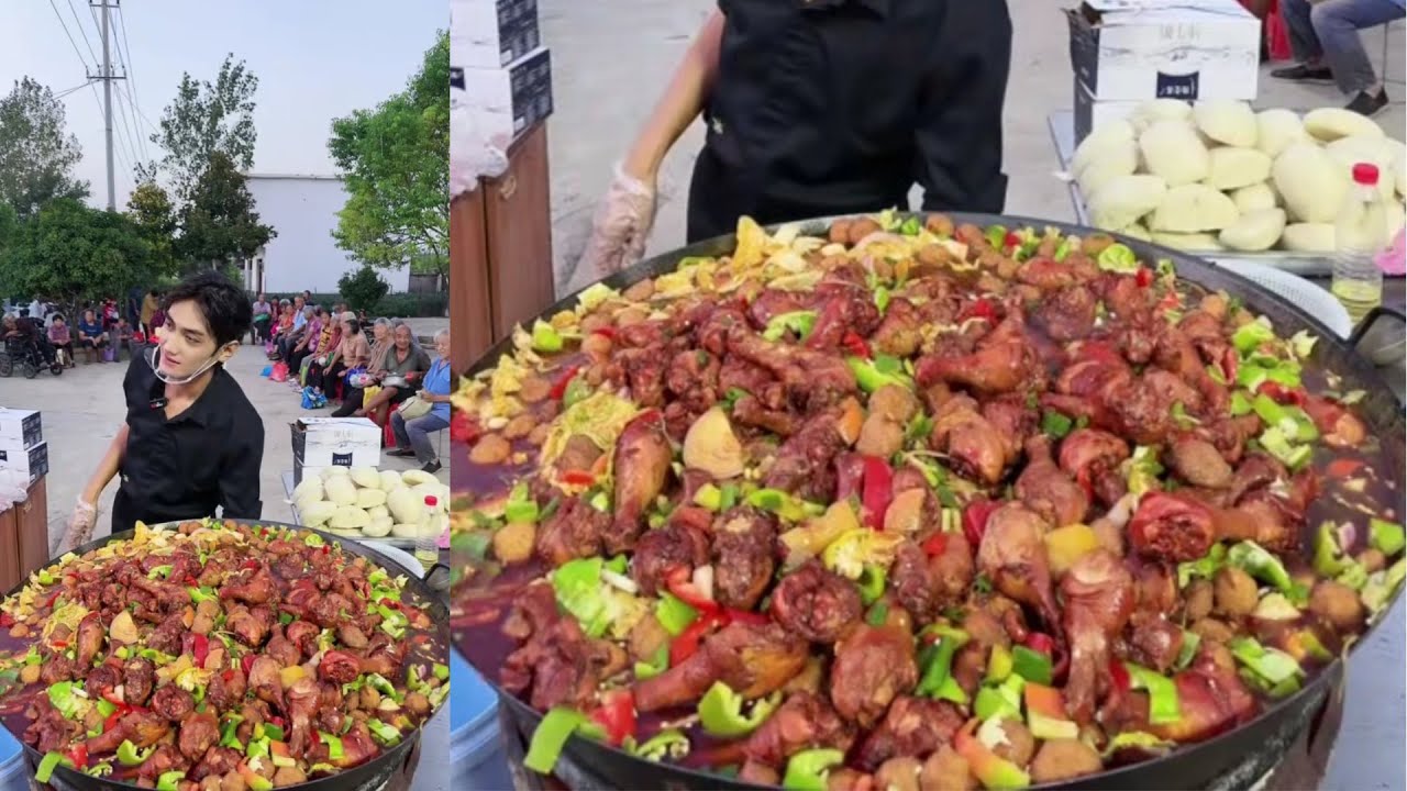 An Asian Guy Cook Free Meals / Chicken Noodles for the elders on the Street in the Countryside
