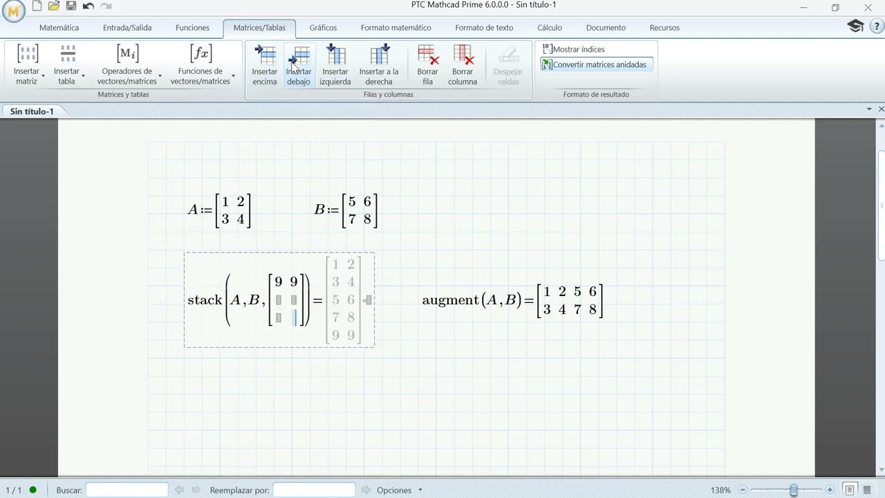 Fusionar matrices en MATHCAD
