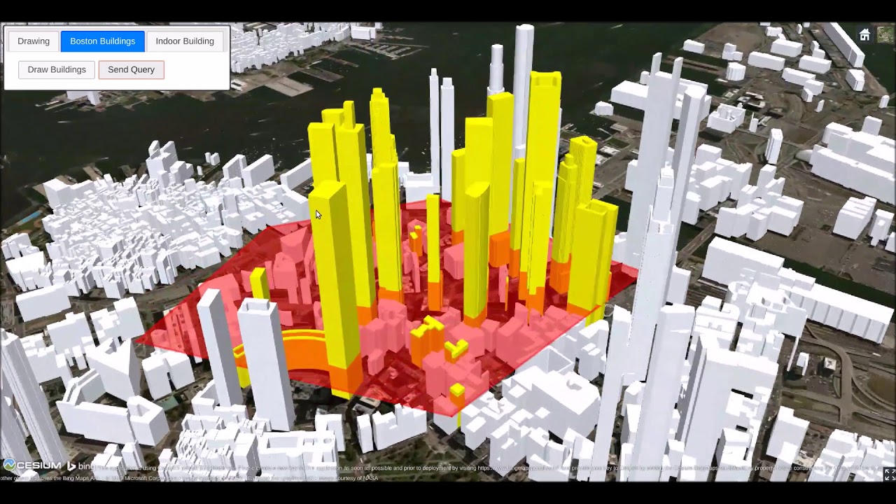 GeoServer 3D Extension Demo - Intersects query between buildings and a polygon geometry