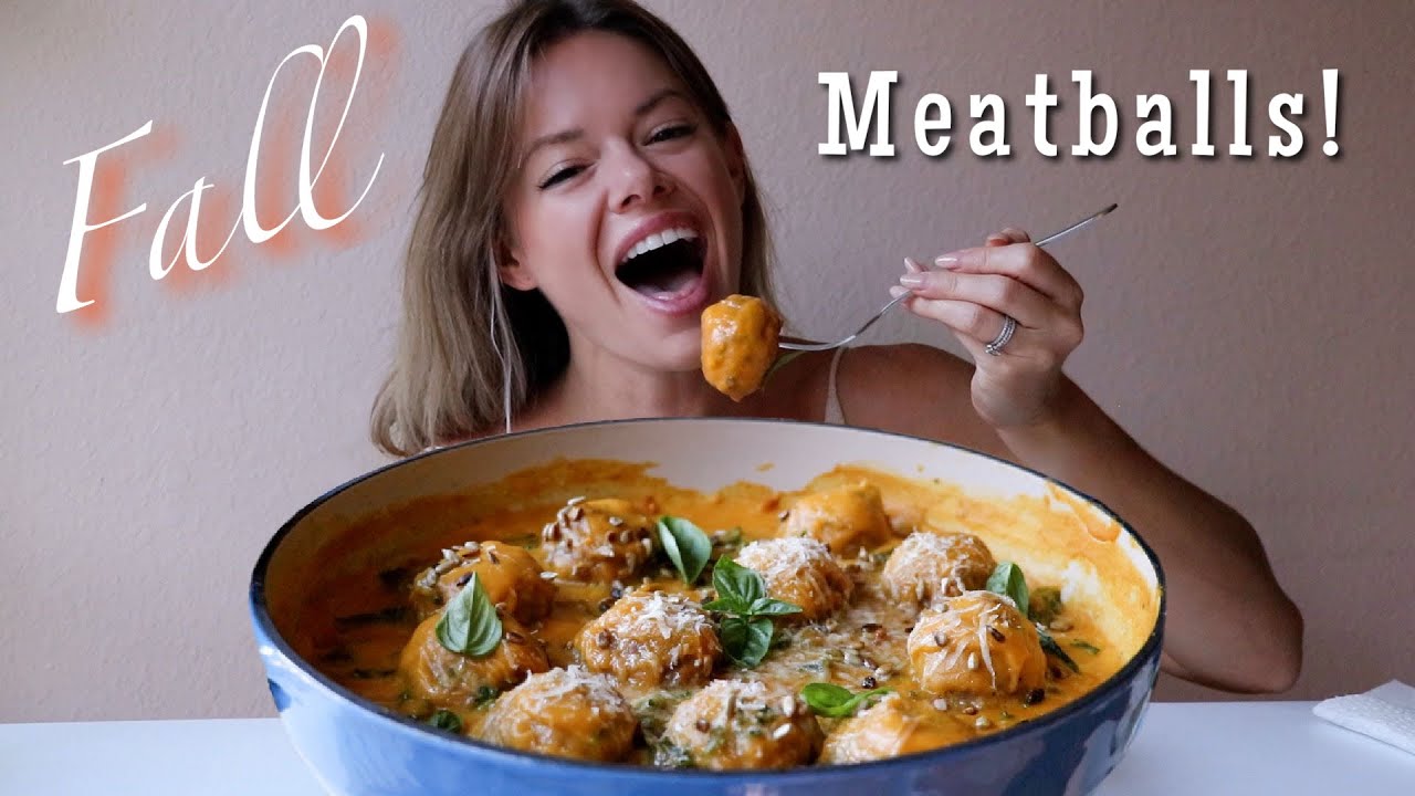 Italian Sausage Meatballs MUKBANG w/ Butternut Squash Brown Butter Sauce, Kale + Sunflower Seeds!