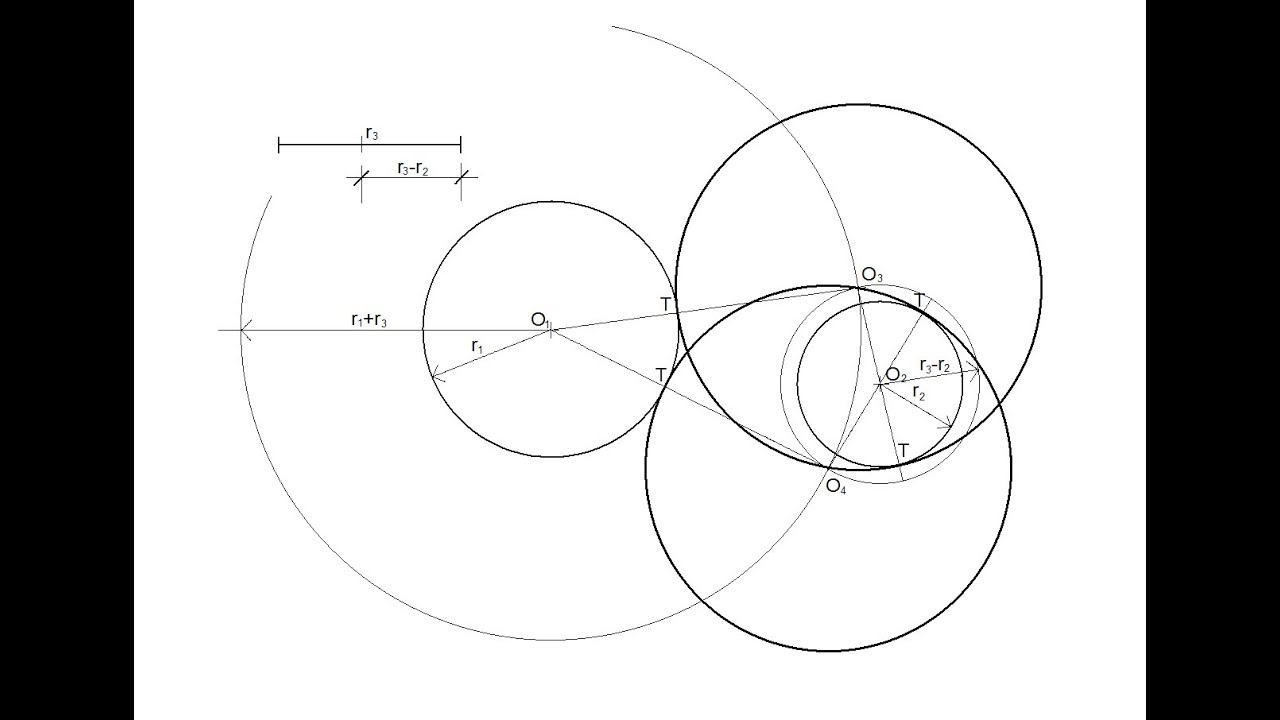Circunferencia de radio conocido tangente exterior e interior a dos dadas