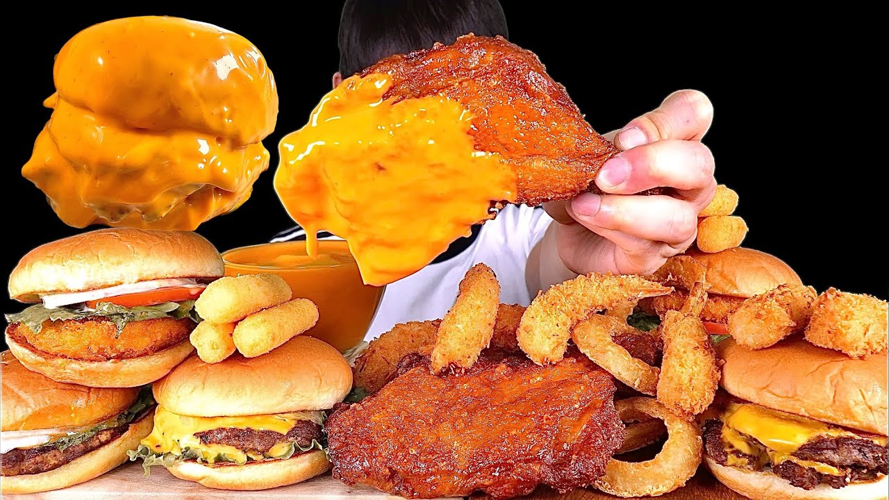 ASMR 청양마요 새우버거 치즈버거 불고기버거 후라이드 닭다리먹방~!! Cheese Burger With Cheese Stick Onion Ring Chicken MuKBang~!