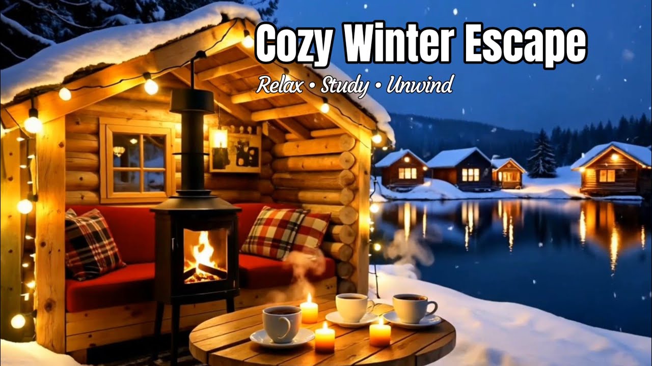 Romantic Snowfall by the Lake 🌙 Cozy Coffee Shop Jazz Ambience