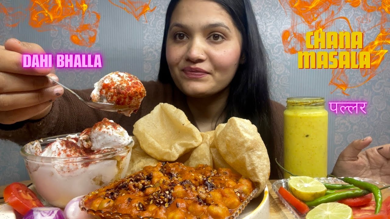MASALA CHOLE | Eating Spicy Chole, Puri, Dahi Bhalla | ASMR INDIAN FOOD MUKBANG