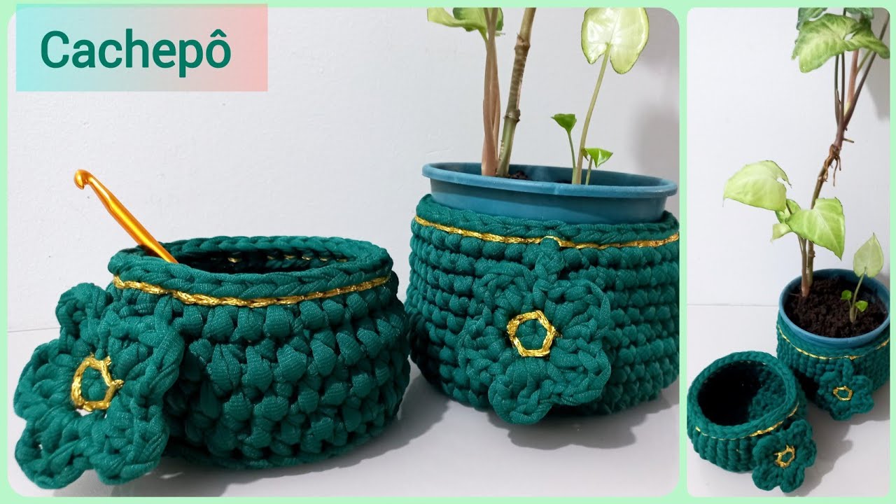 Cesto de croche em fio de malha | Cachepô para plantinhas | Porta trecos acessórios 