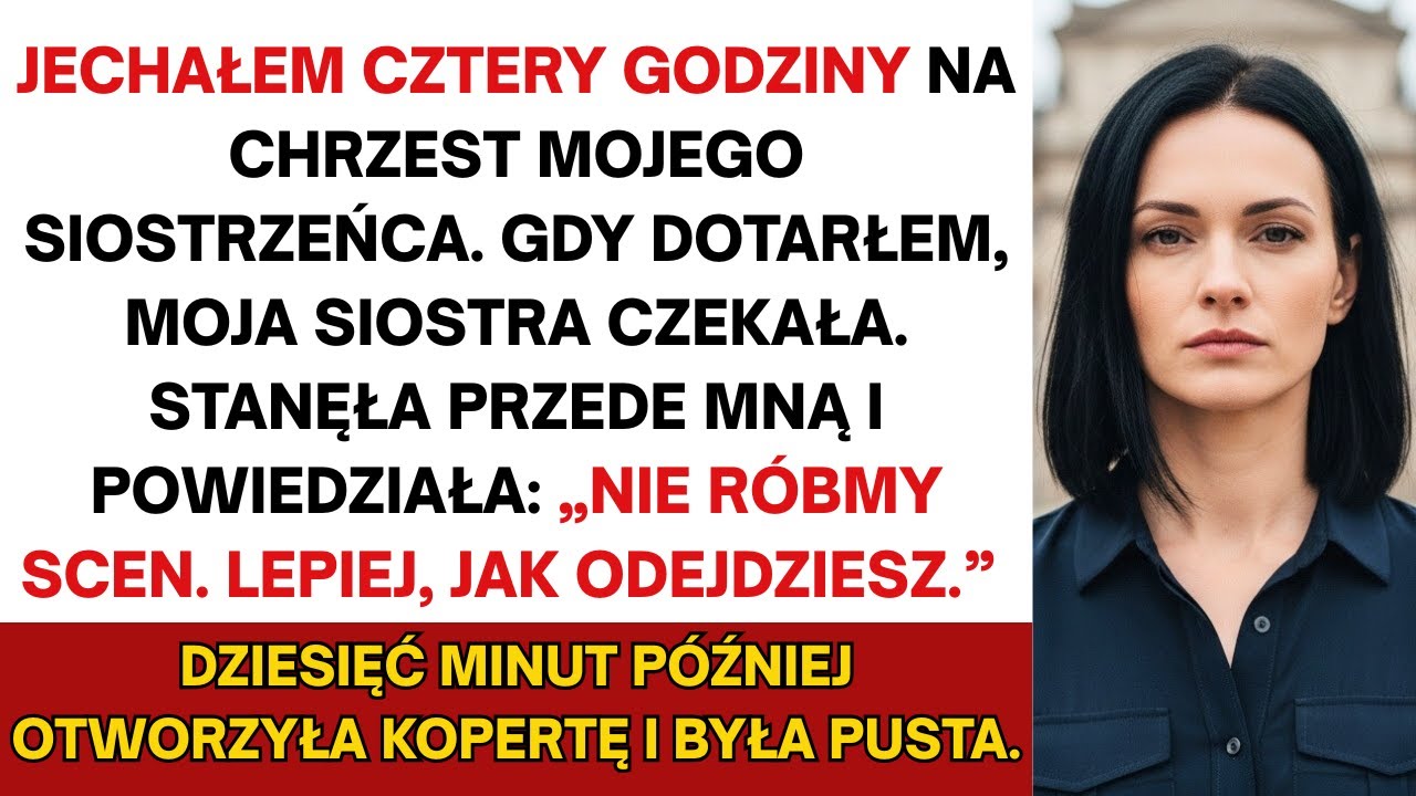 Jechałem cztery godziny na chrzest mojego siostrzeńca. Gdy dotarłem, moja siostra czekała. Stanęła..