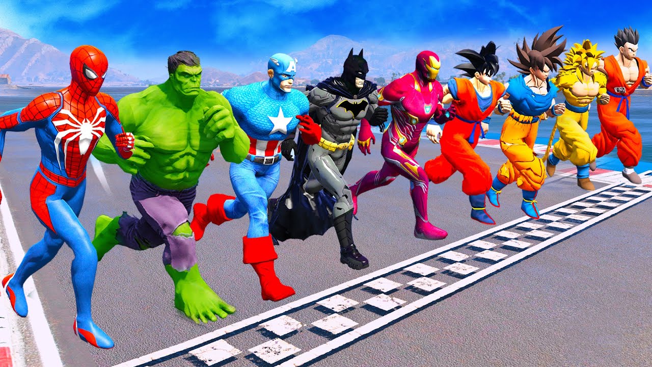 SPIDERMAN TEAM vs GOKU TEAM RUNNING Challenge on Sky Ramp, Superheroes HULK,GOKU Epic Stunts - GTA 5
