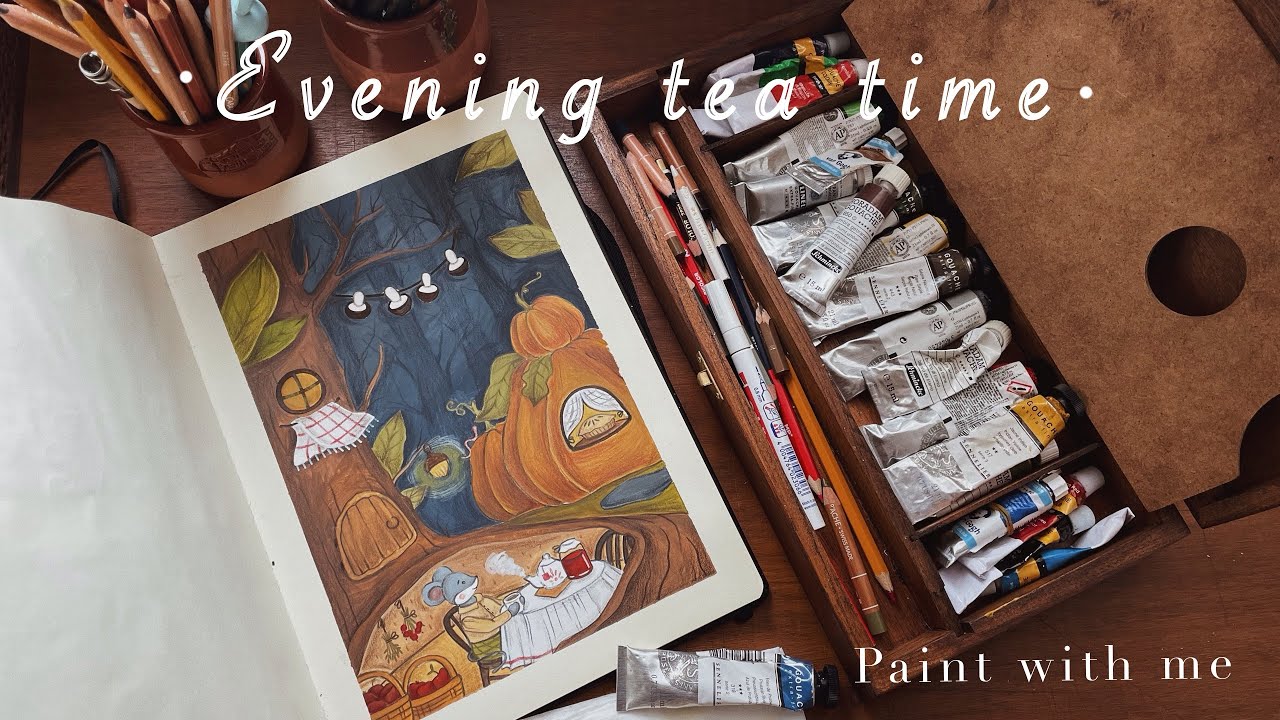 Evening tea time. Paint with me. Relaxing music and painting ☕️ (with subtitles)