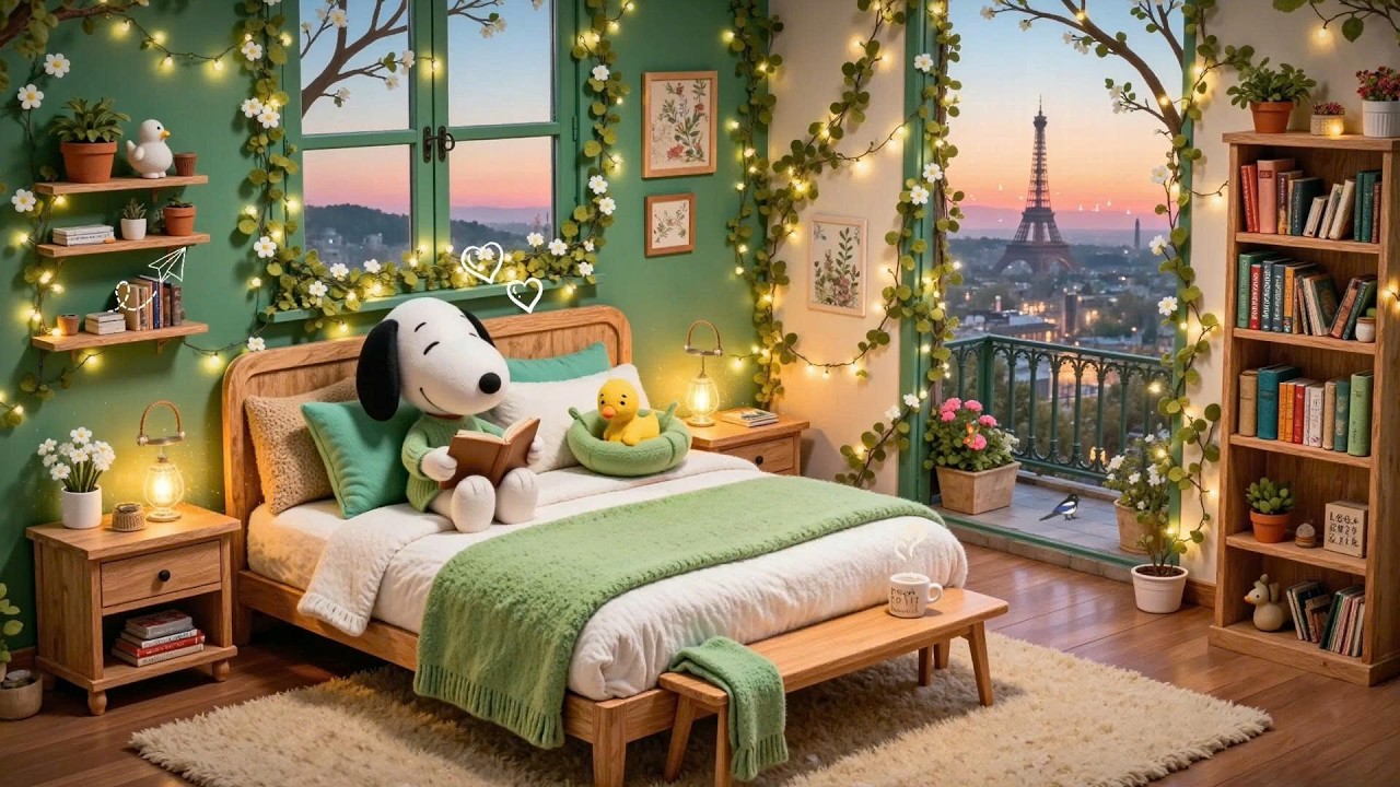 ☕ Snoopy’s Cozy Room with Paris View 🗼📖 Soft Lofi Beats for Study & Relax